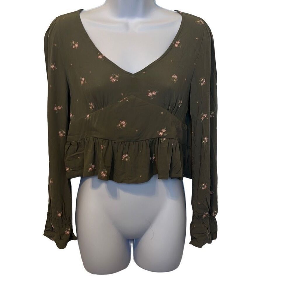 Arizona Jean Green Pink Floral Peplum Crop Top Long Sleeve Small Boho Y2K 90's
